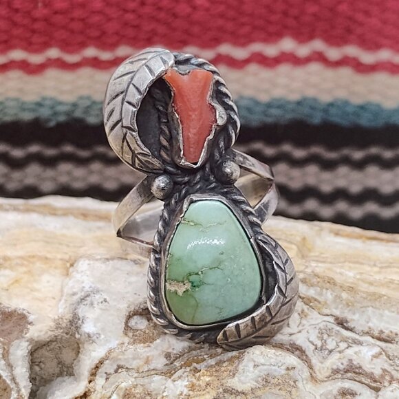 Vtg Native Navajo Old Pawn Sterling Silver Ring Turquoise & Coral Size 7.25 - Picture 2 of 6